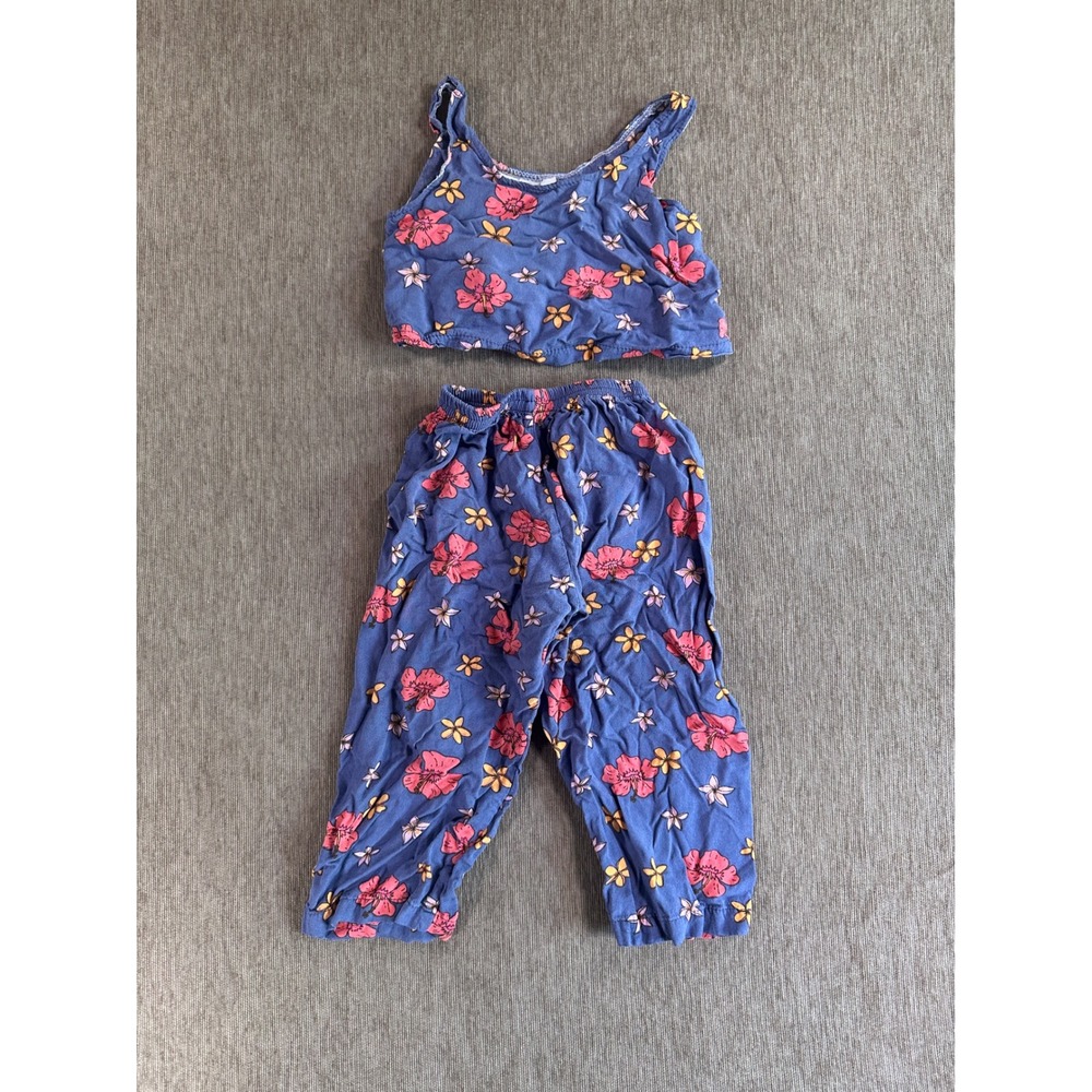 Makai Beach Hawaii Kids 4T Floral Two Piece Set Blue Hibiscus Crop Top Pants